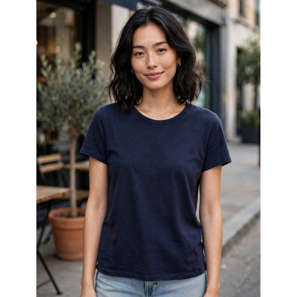 Quince Navy Blue Cotton Modal Scoop Neck Short Sleeve Tee Shirt Size Large